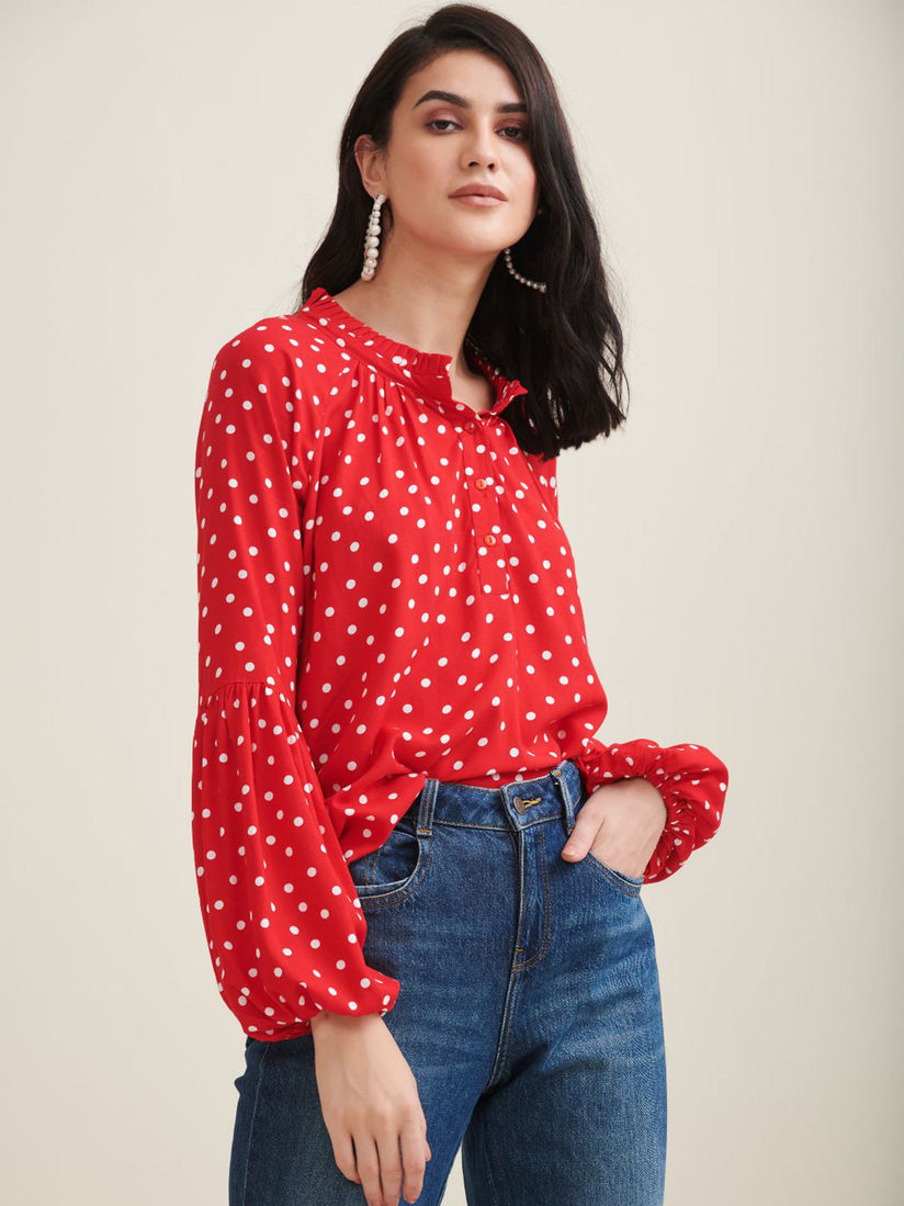 red polka top