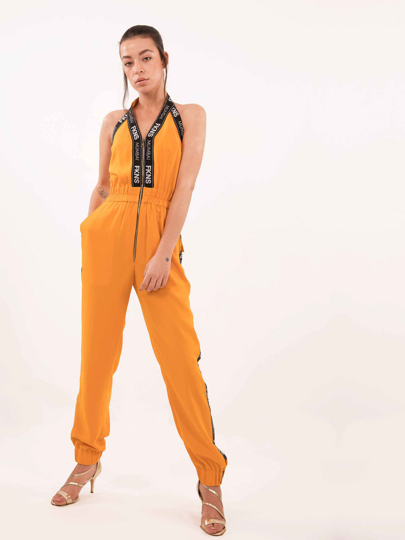 yellow halter neck jumpsuit