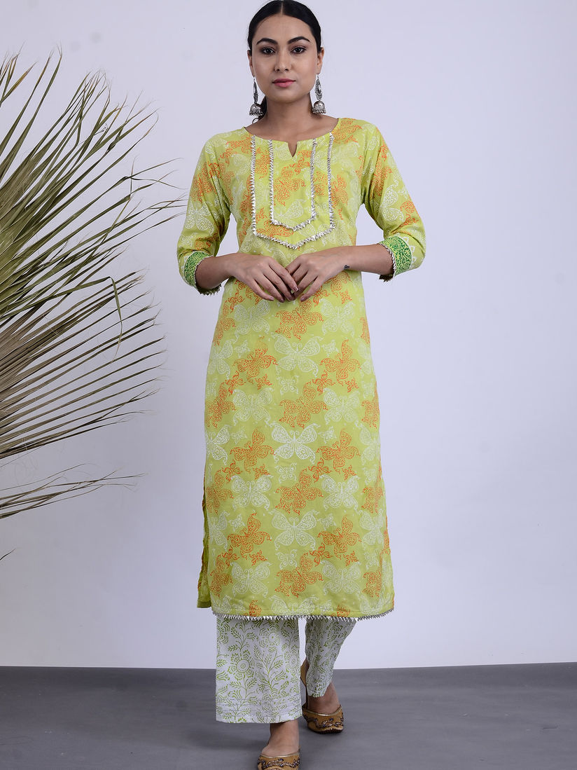Free Living Salwar Suits And Sets Buy Free Living Kayra Hand Blocked Kurta Palazzo Green Kurta Set Set Of 2 Online Nykaa Fashion