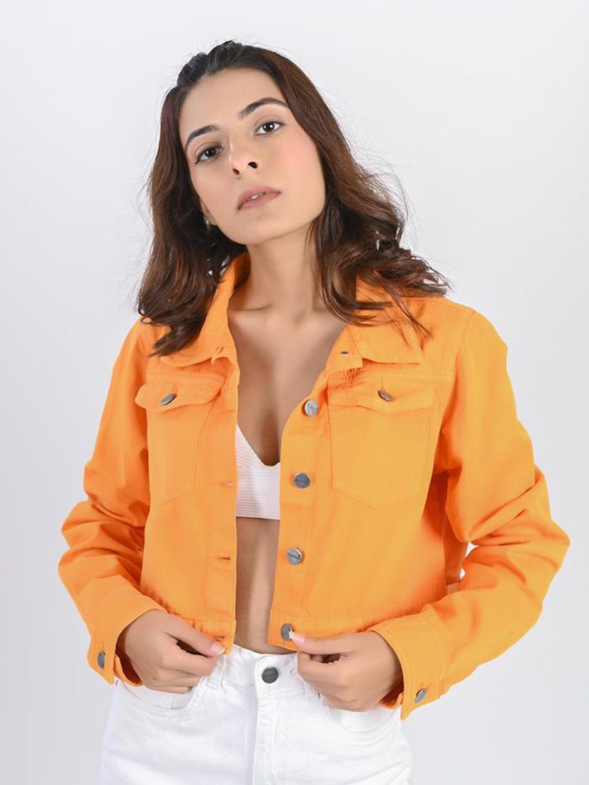 orange cropped denim jacket