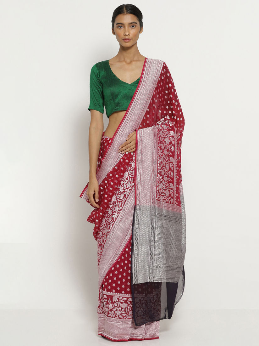 Via East Red Handloom Pure Silk Georgette Banarasi Saree With All Over Silver Zari Motifs And Blouse Piece Via East Red Handloom Pure Silk Georgette Banarasi Saree With All Over Silver Zari Motifs And Blouse Piece