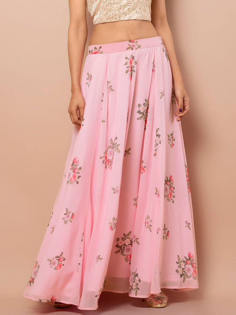 Indya Pink Floral Maxi Skirt With 