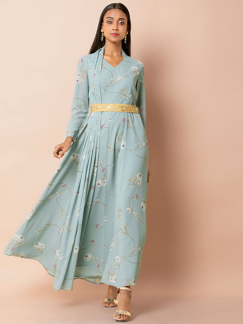 Indya Ethnic Dresses : Buy Indya Blue Floral Dress With Attached Pleated  Dupatta Online | Nykaa Fashion.