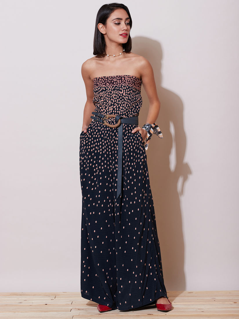 navy blue strapless jumpsuit