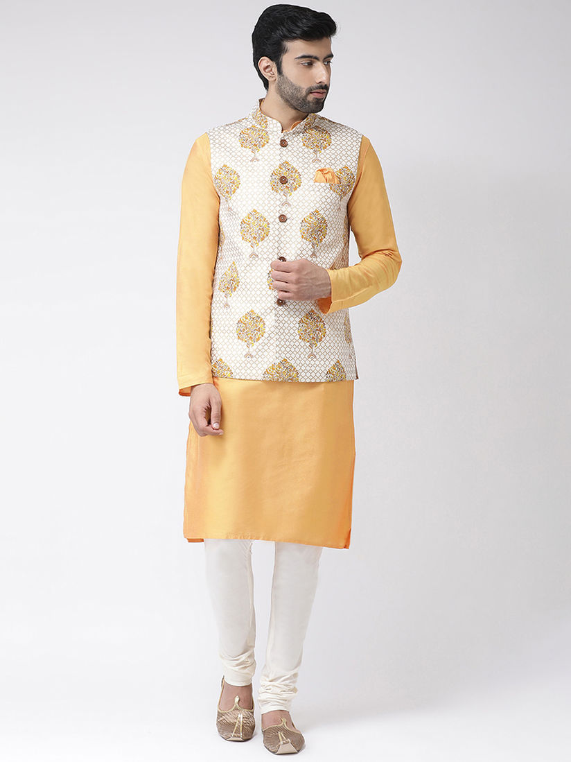 white kurta with orange jacket