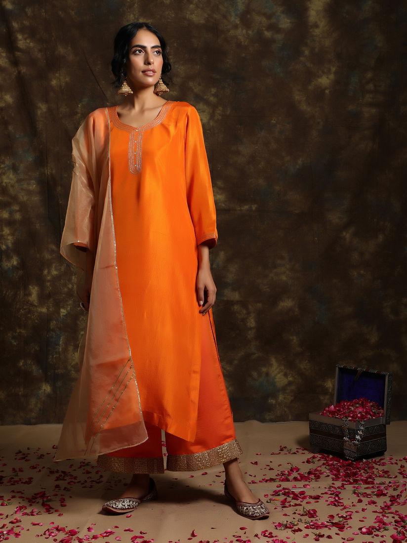 Kanika Sharma Salwar Suits And Sets Buy Kanika Sharma Kesari Kurta And Palazzo With Organza Dupatta Set Of 3 Online Nykaa Fashion Shop for color tshirts in india buy latest range of color tshirts at myntra free shipping cod easy returns and exchanges.