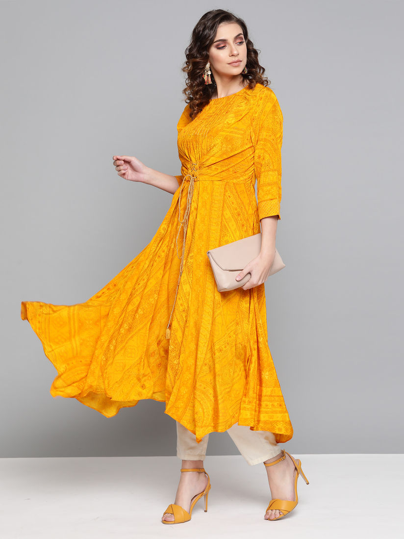 Ritu Kumar Kurtis Kurtas And Tunics Buy Ritu Kumar Mustard Round Neck Long Printed Kurta With Self Tie Online Nykaa Fashion Bollywood actress aditi rao in beautiful black saree. ritu kumar mustard round neck long printed kurta with self tie