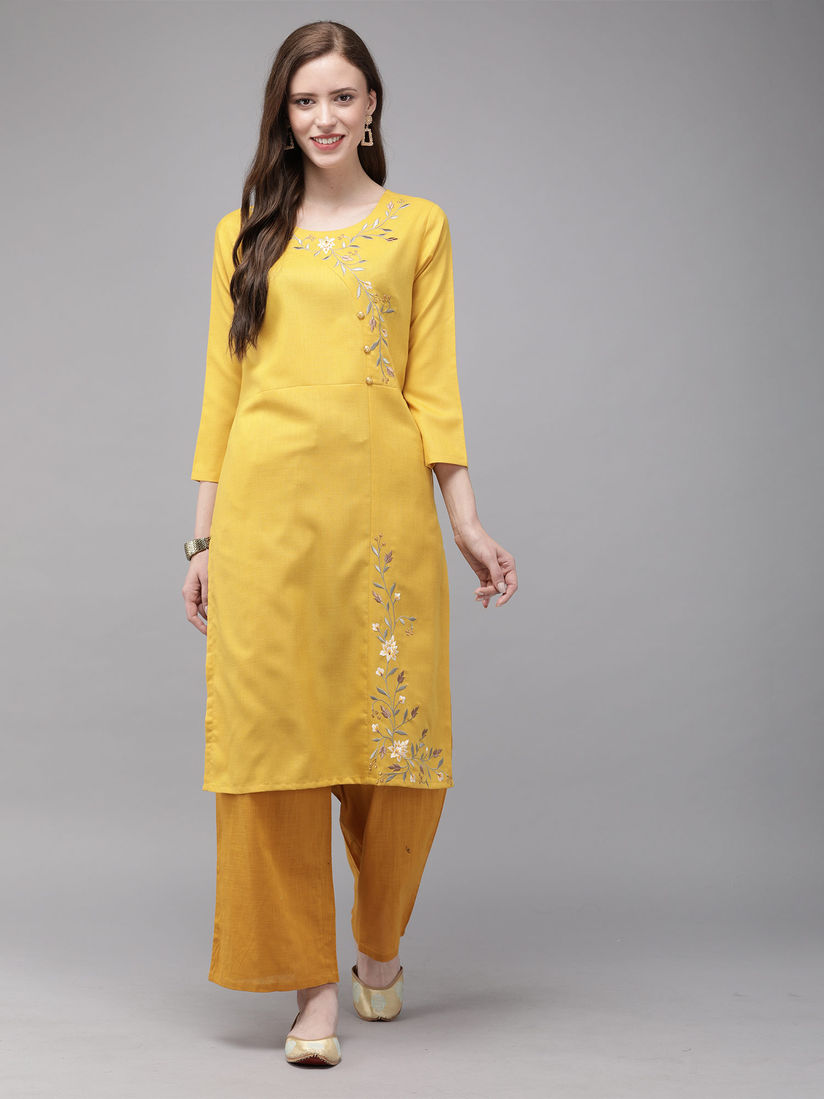 Mimosa Kurtis Kurtas and Tunics : Buy Mimosa Cotton Yellow Embroidered  Straight Casual Kurta Online | Nykaa Fashion.