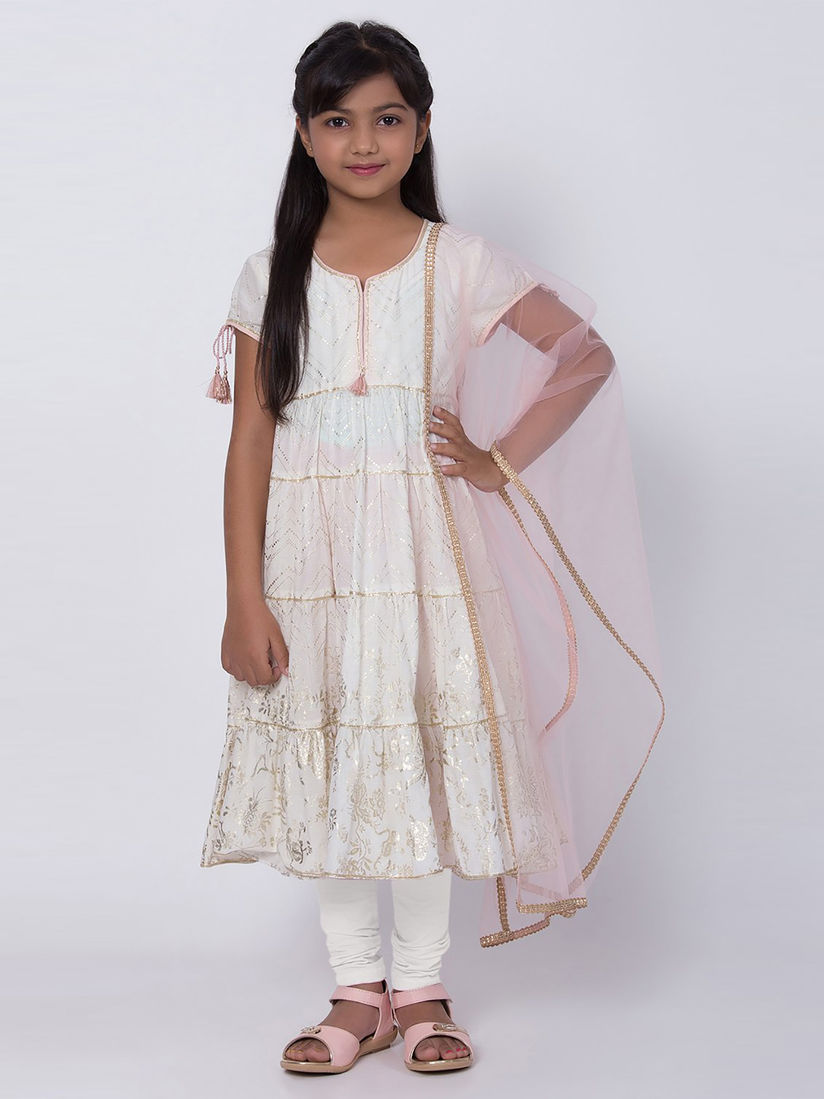 Biba White Printed Kurta With Churidar 