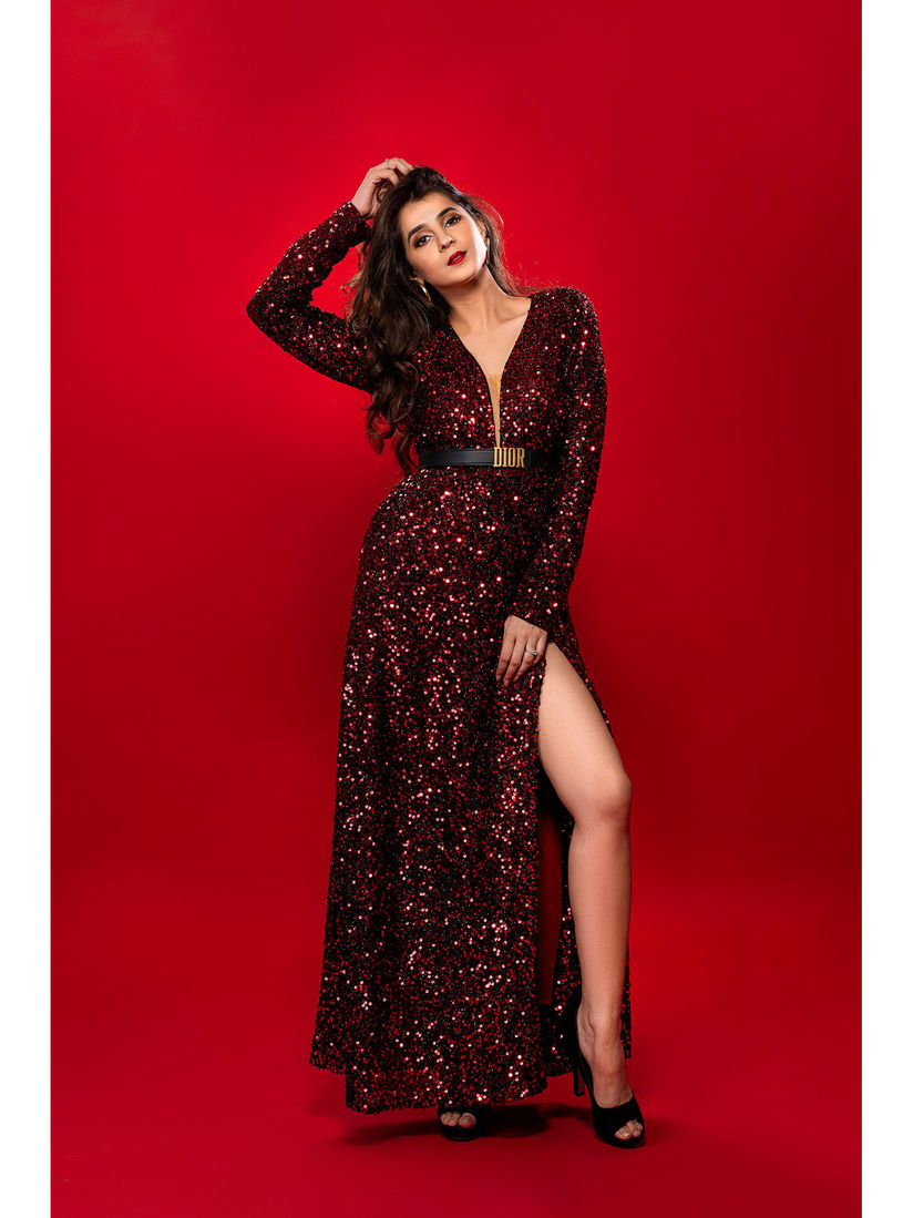red sequin gown