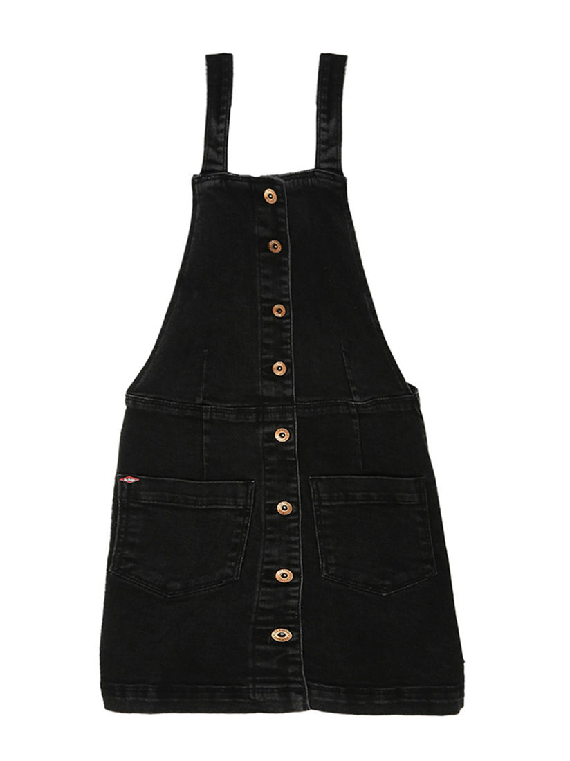 girls black dungaree dress