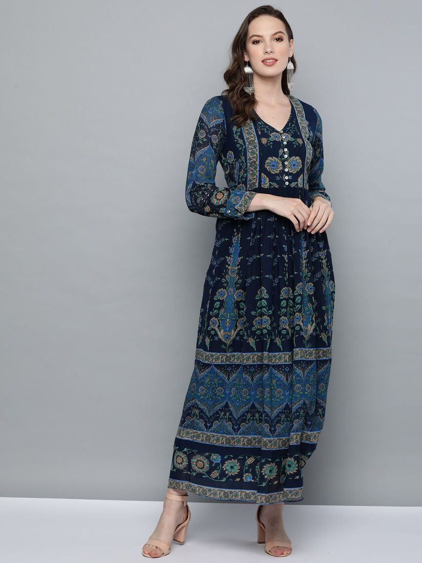 Label Ritu Kumar Dresses Buy Label Ritu Kumar Navy Blue V Neck Full Sleeves Long Dress Online Nykaa Fashion Beige and green abstract printed short dress.