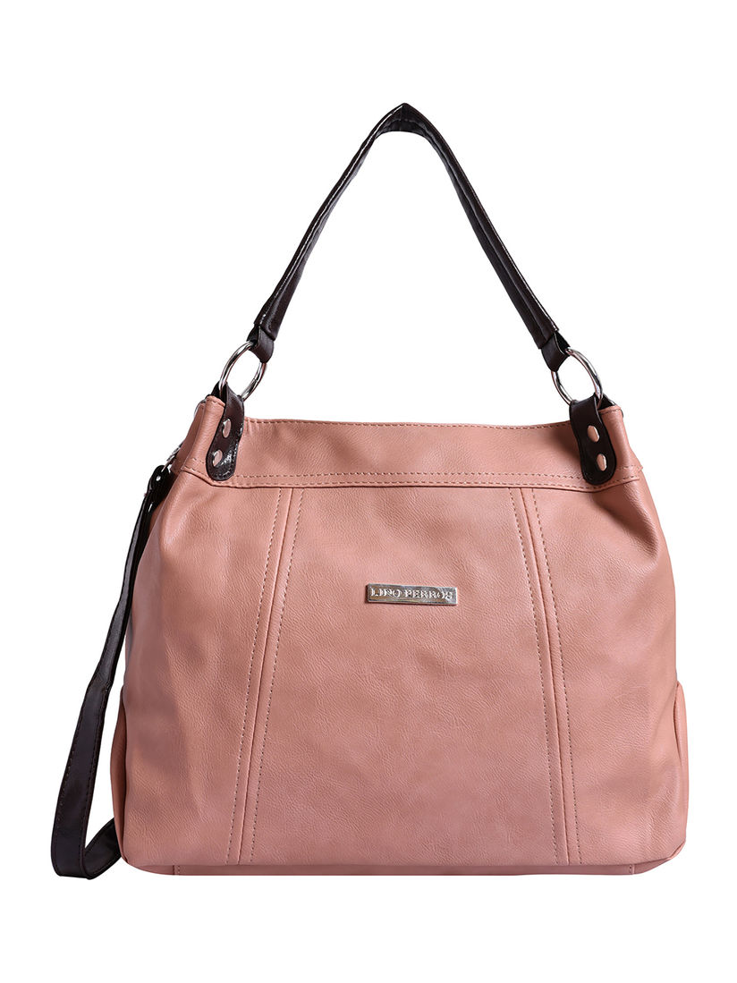 grey and pink handbag