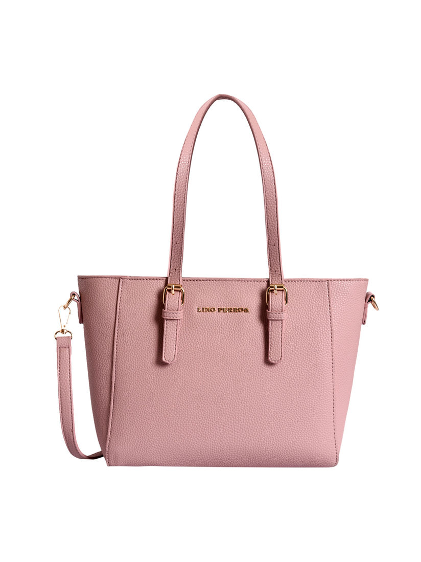 grey and pink handbag