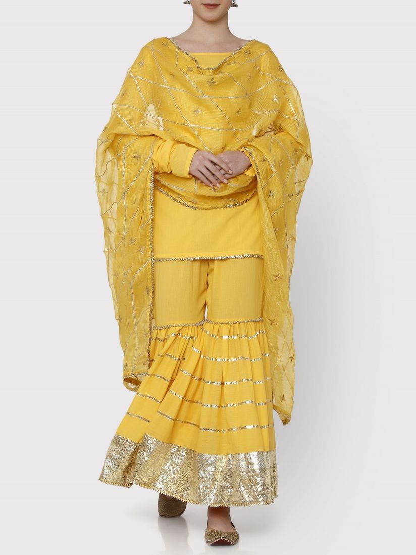 Maison Shefali Salwar Suits And Sets Buy Maison Shefali Haldi Sharara With Mul Dupatta Set Of 3 Online Nykaa Fashion Festive colours, mirror work and intricate gota patti detailing beautifully came together on sara ali khan 's sunny yellow sharara set. maison shefali haldi sharara with mul dupatta set of 3