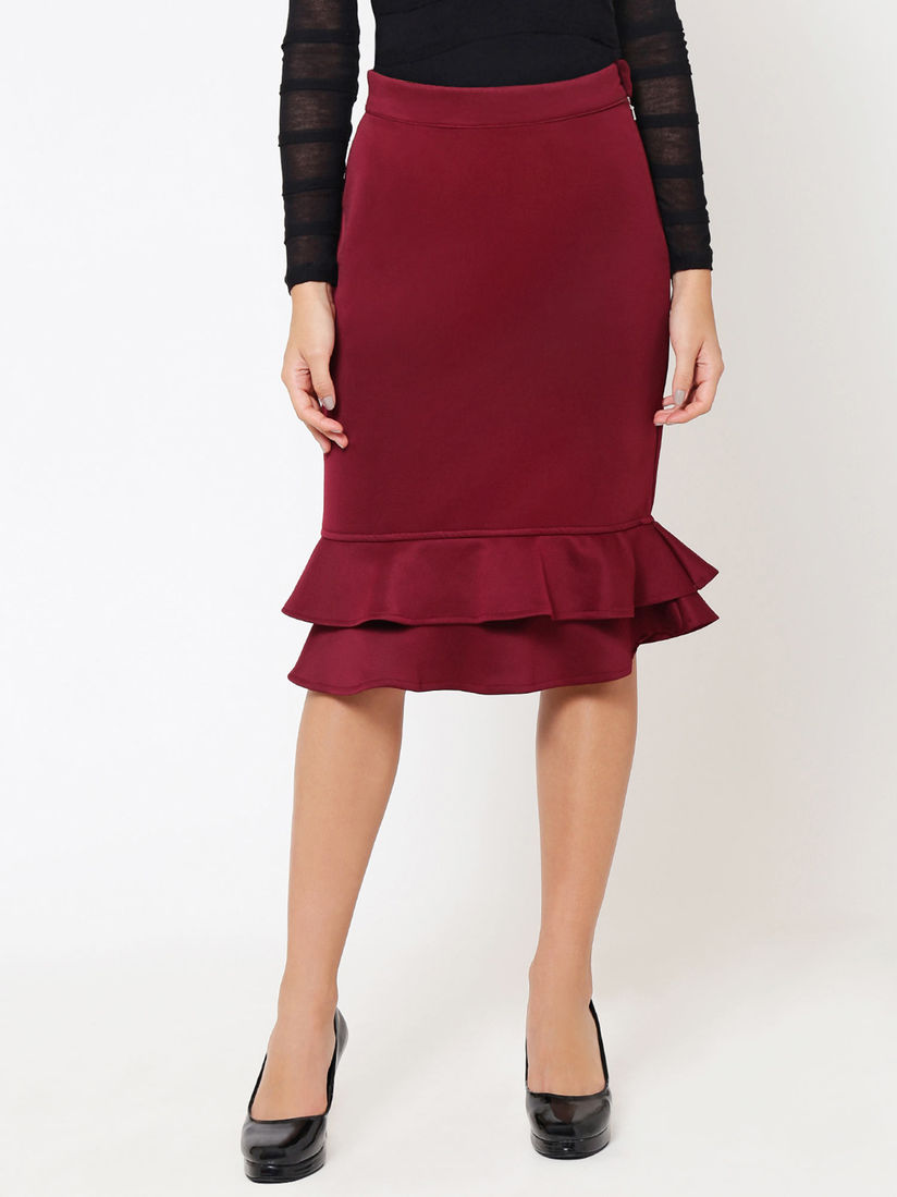 Buy MARTINI Maroon Fitted Ruffle Skirt 