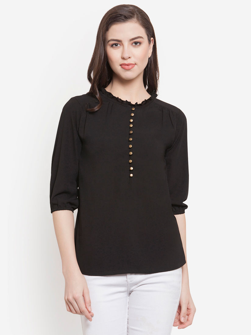 black ruffle neck top