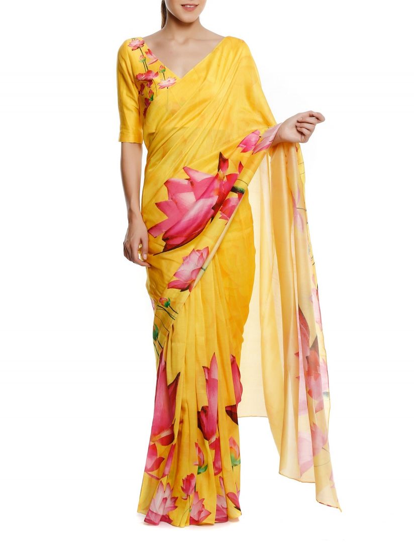 Masaba Saree Buy Masaba Yellow Lotus Saree With Lotus Print Blouse Online Nykaa Fashion Red printed blouse with lehenga skirt.