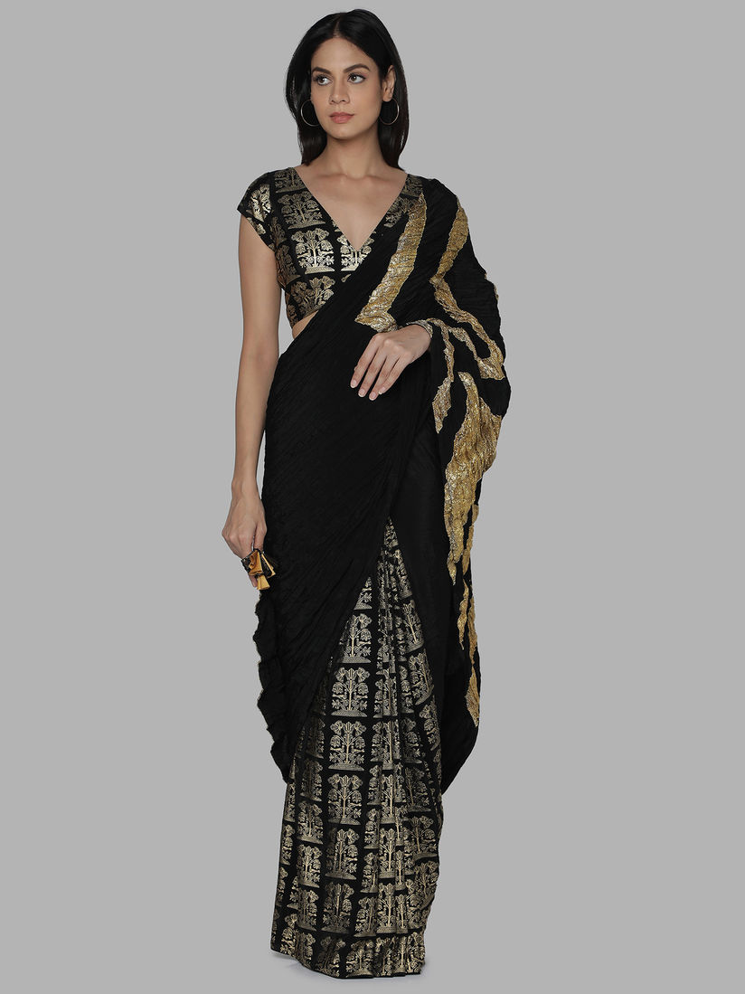 Masaba Sarees Buy Masaba Black Gota Work Saree With Unstitched Blouse Online Nykaa Fashion Hyderabad model shamili showcasing masaba gupta saree for neerus spring and summer collection 2013, it is half and half white saree with beautiful eye catching contrast red silk border.
