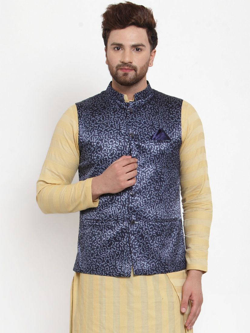 blue printed nehru jacket