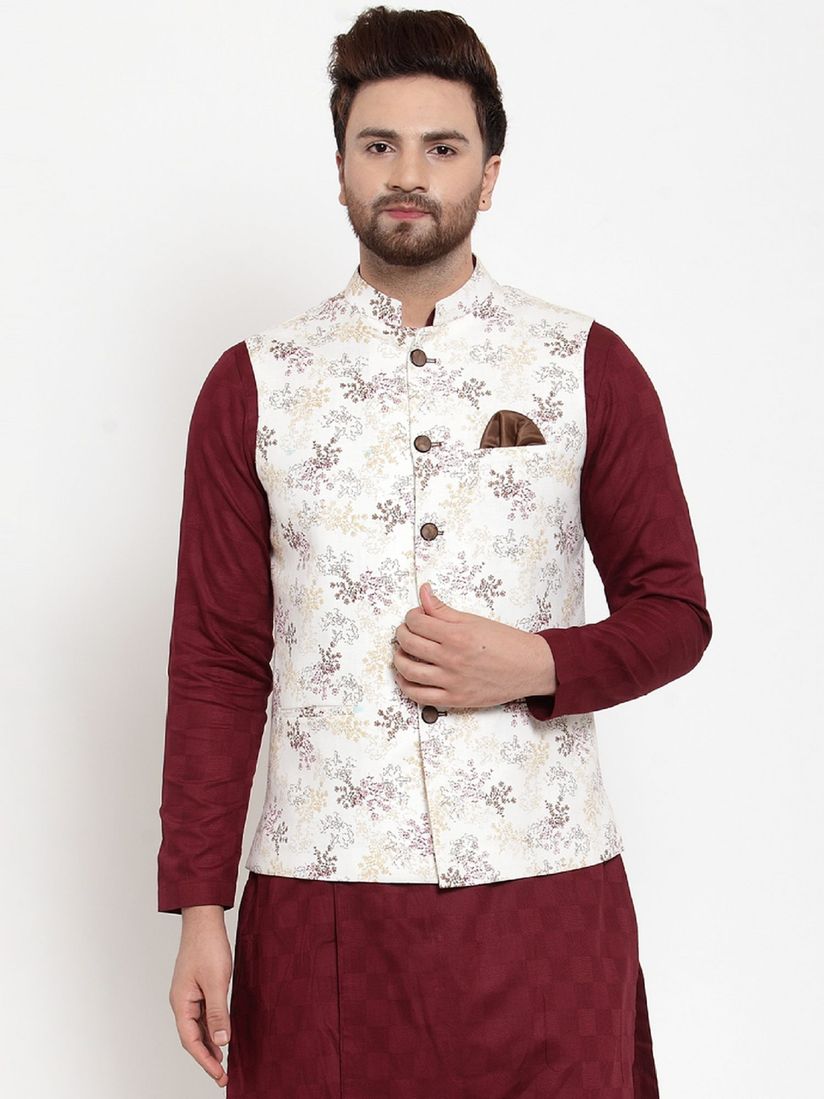 white floral nehru jacket