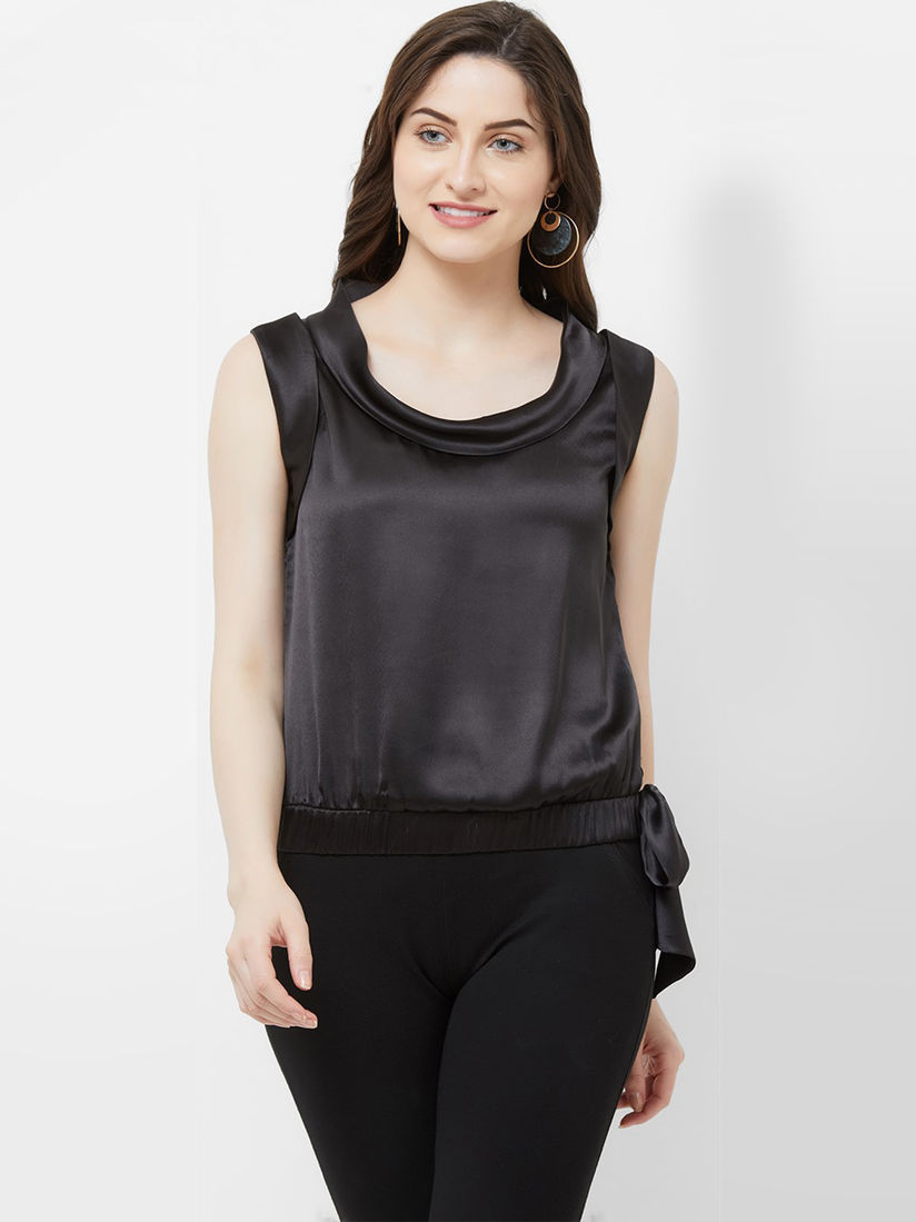 black sleeveless cowl neck top
