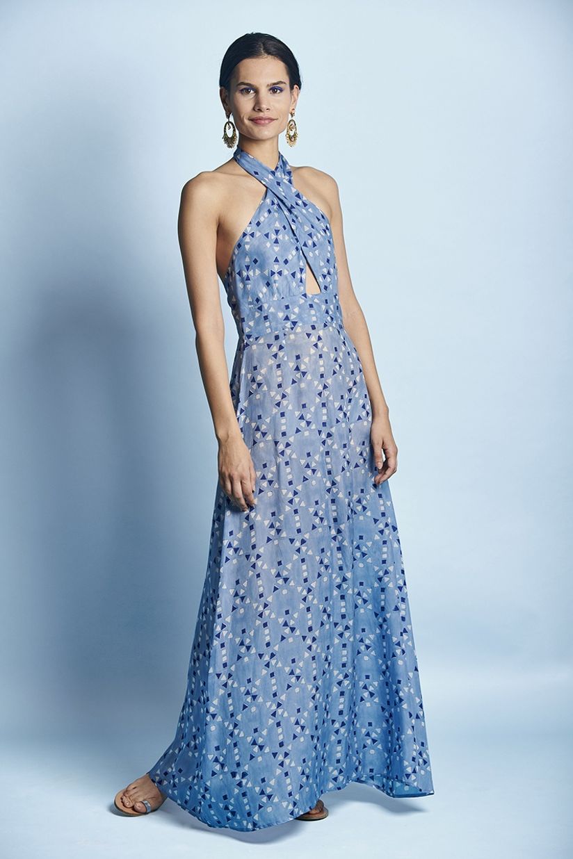 blue silk maxi dress