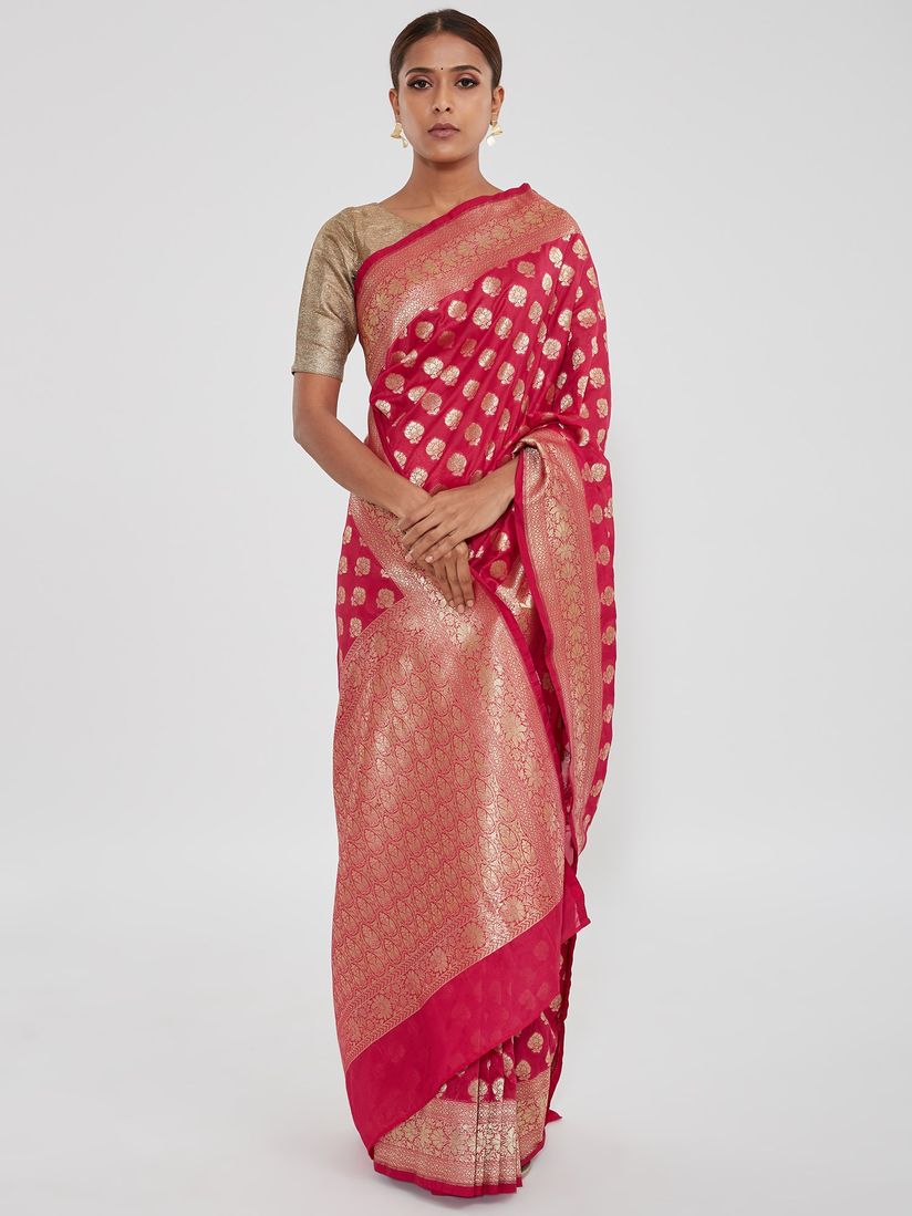 Pink banarasi saree contrast blouse clearance