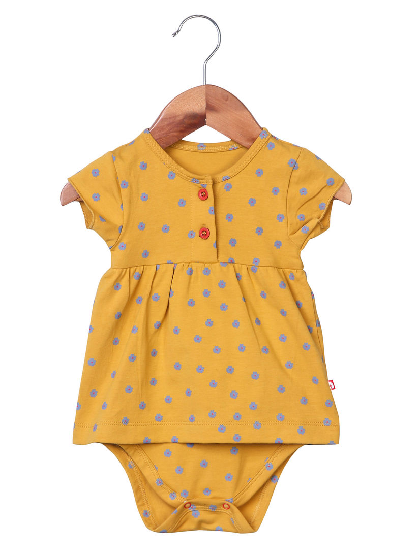Nino Bambino Kids Bodysuits Rompers Buy Nino Bambino Mustard Cotton Printed Onesie Cap Sleeves Dress For Baby Girl Online Nykaa Fashion
