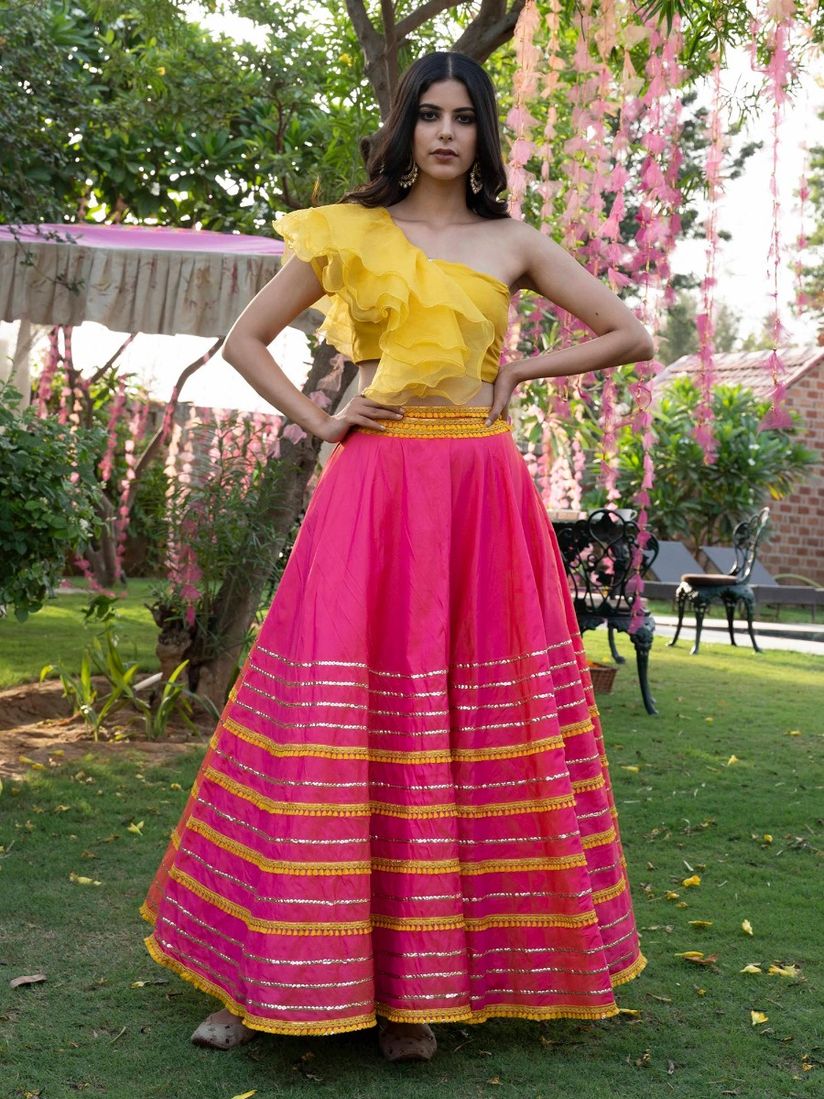 Yellow lehenga with pink blouse clearance
