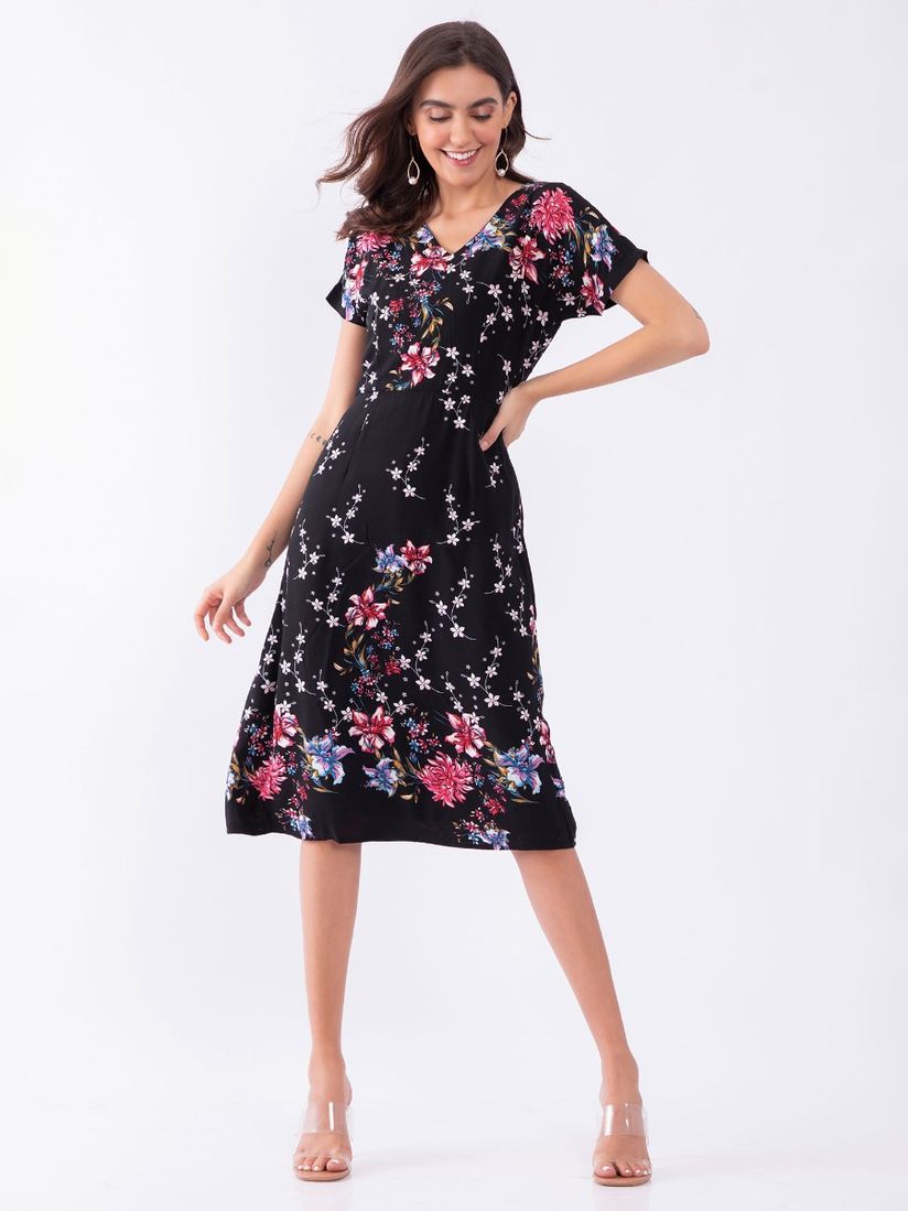Black floral a line dress Clearance
