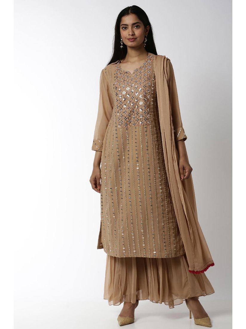 Soch Beige Embroidered Kurti, Sharara 