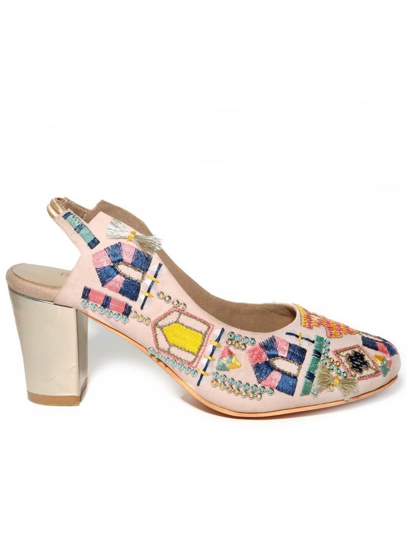 white embroidered heels