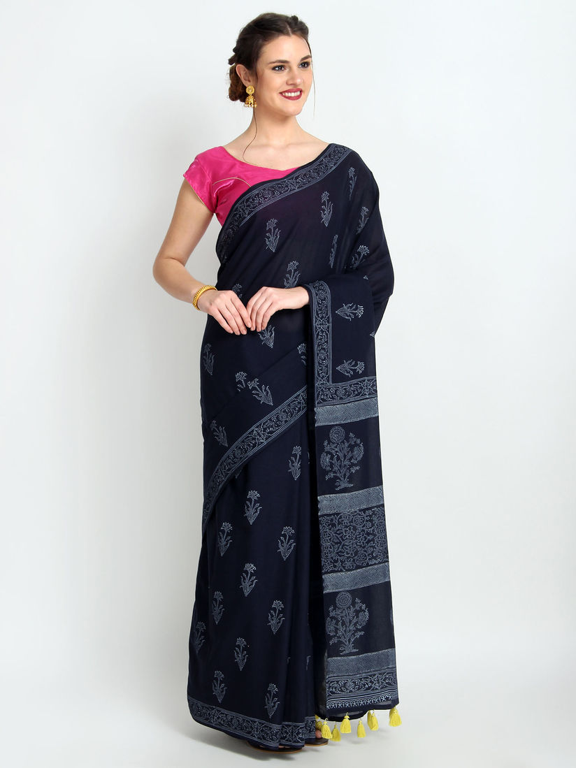 Palash Sarees Buy Palash Navy Blue Nidra Saree With Unstitched Blouse Online Nykaa Fashion