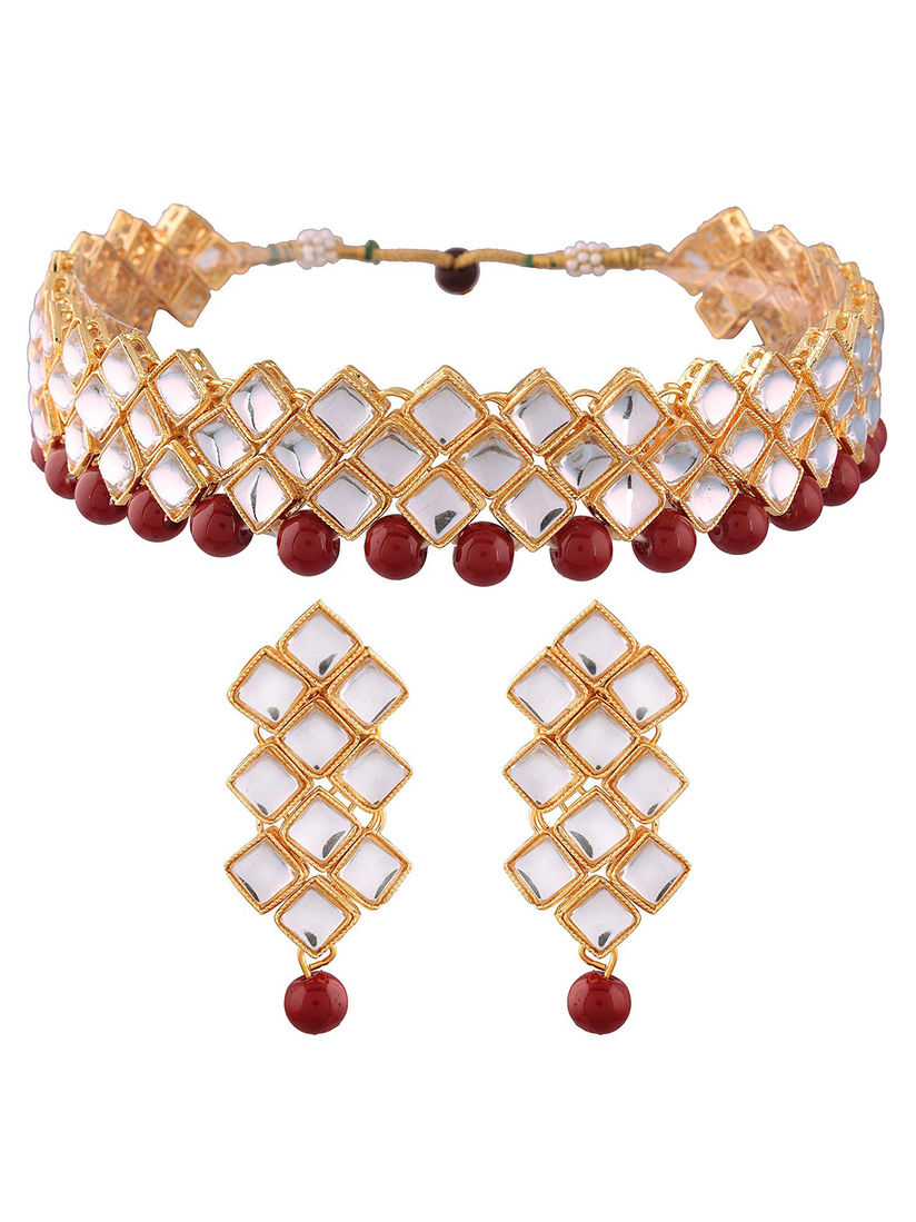maroon necklace and earrings
