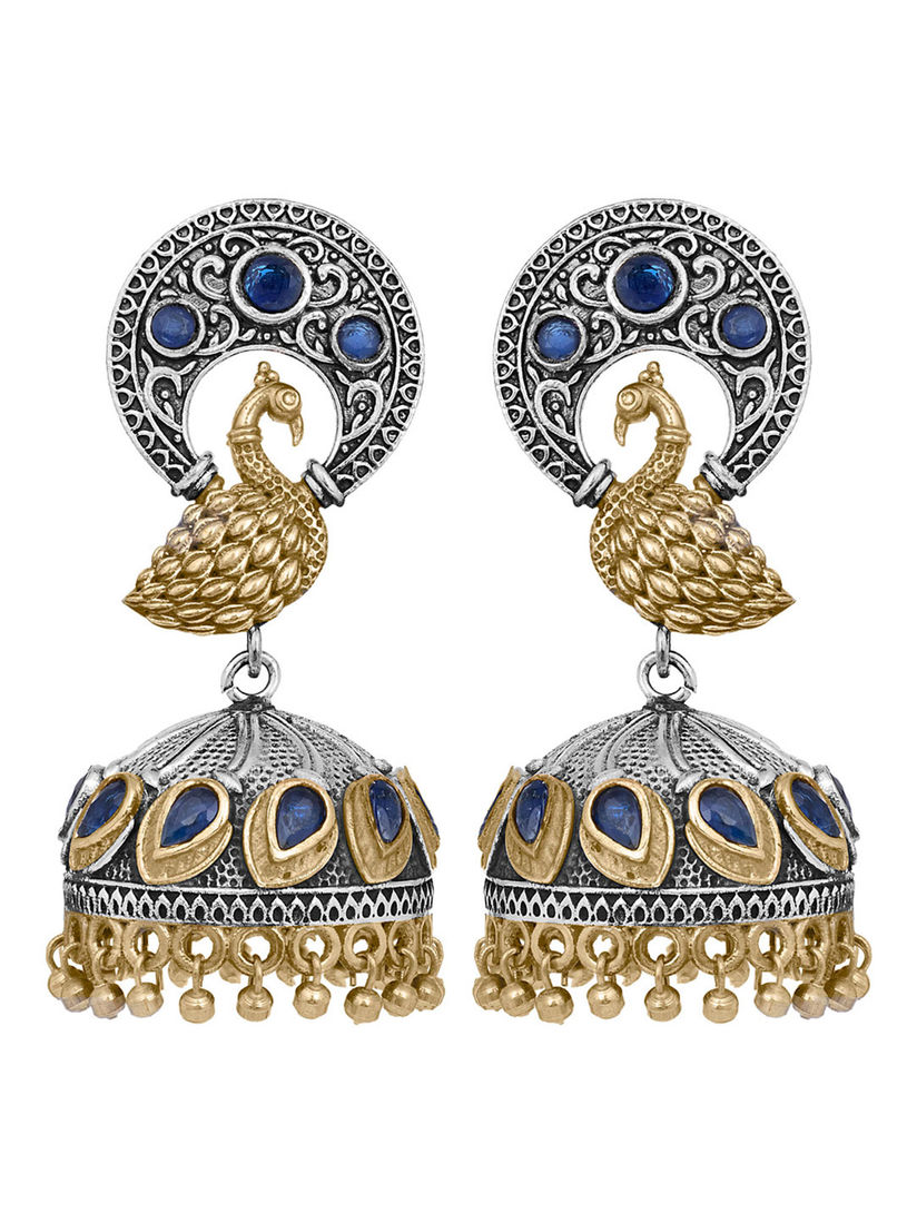 Long Earrings in Antique Silver Plated with Leaf and Detailed Indian Designs and Dangling Metal Pieces