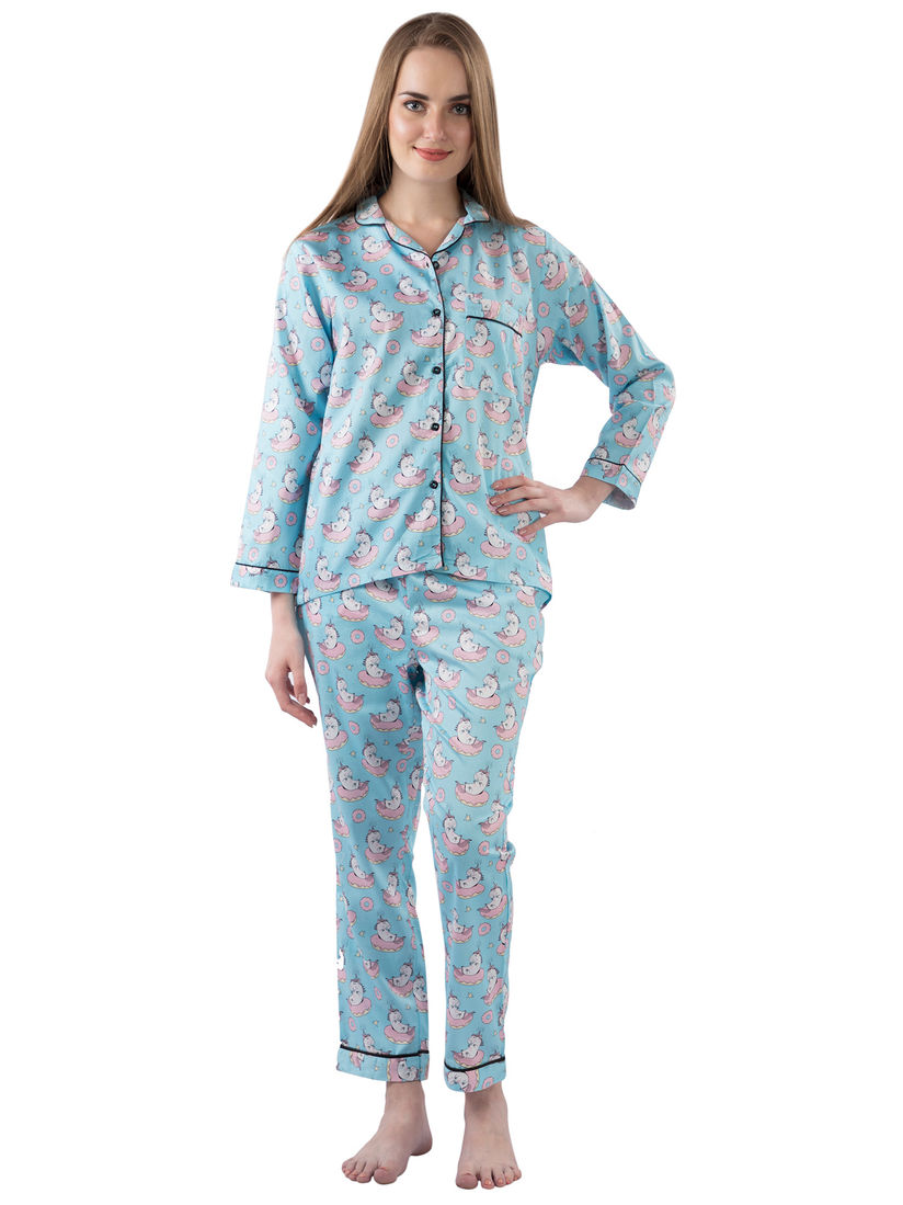 Pyjama Party Lingerie Pyjama Party Unicorn And Donuts Women S Cotton Pyjama Set Blue Online Nykaa Fashion