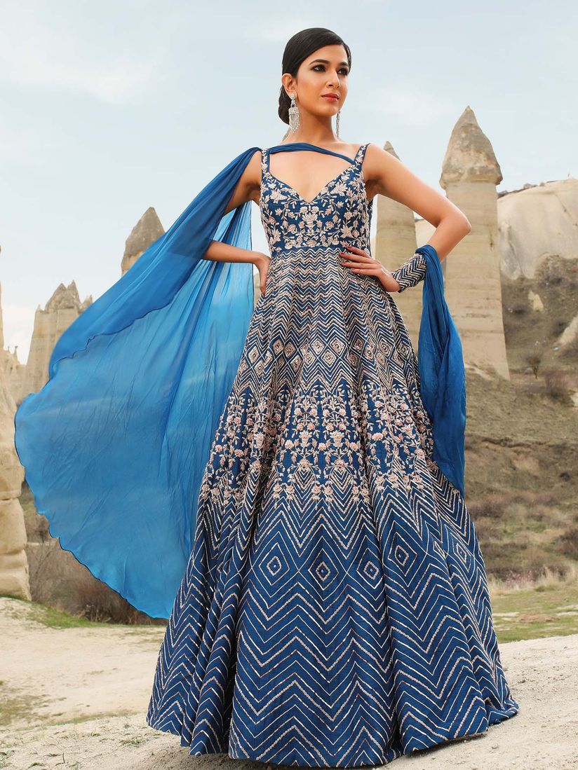 blue embroidered gown