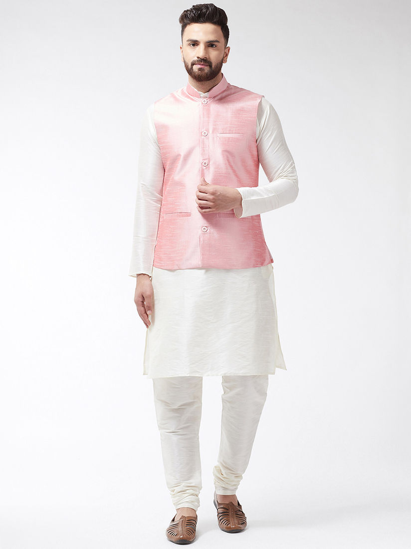White kurta pajama with pink jacket clearance