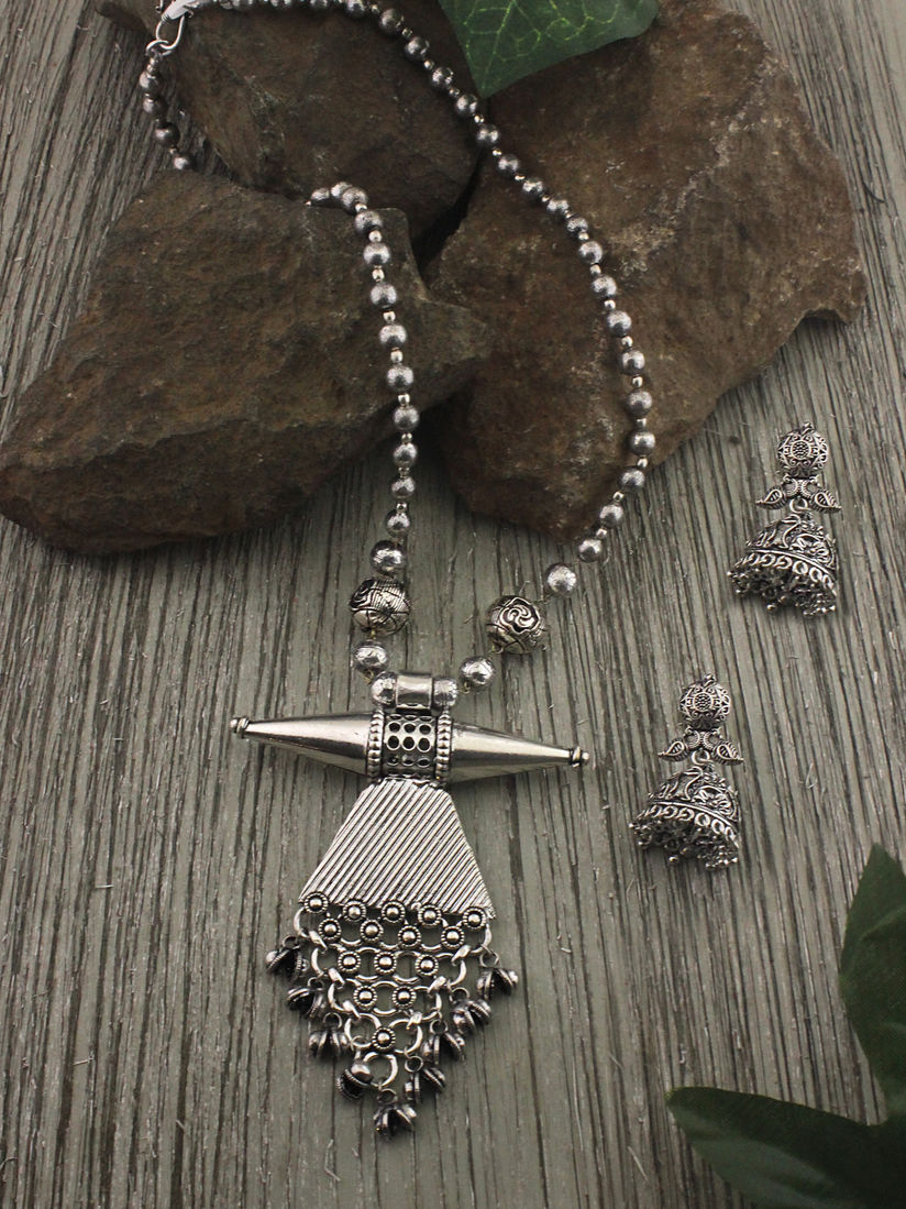 Sia Silver Tribal Long Necklace With Jhumka Earrings Necklace With Jhumka Earrings