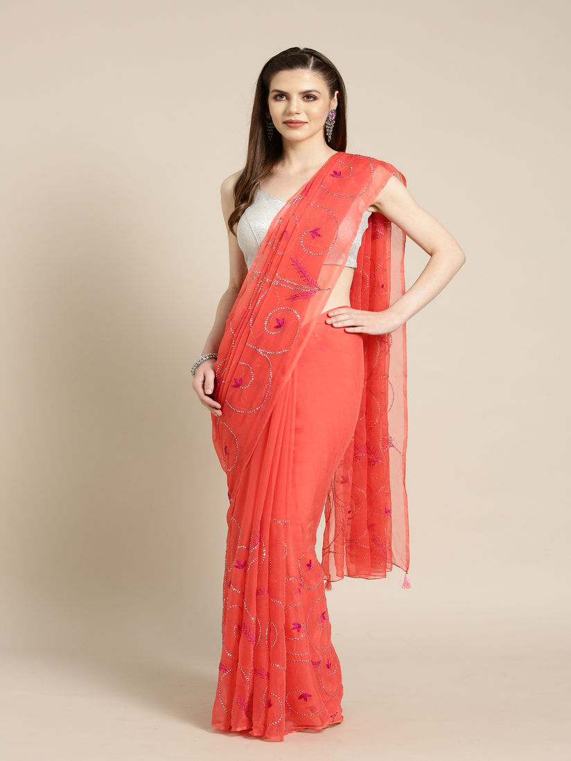 Red pure chiffon saree clearance