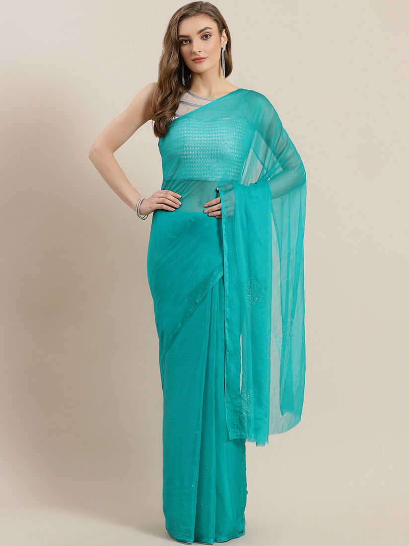 Geroo Jaipur Sarees Buy Geero Jaipur Teal Mukesh Work Chiffon Saree Without Blouse Online Nykaa Fashion Sarees look great and men love women more in the ethnic attire as compared to western as the ethnicity makes them look glamorous and gorgeous. geroo jaipur teal mukesh work chiffon saree without blouse