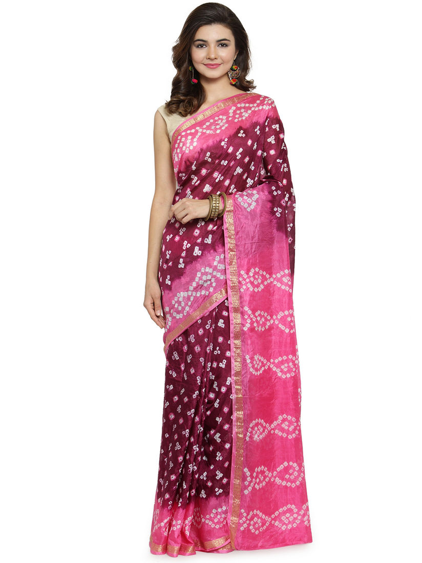 Geroo Jaipur Printed Saree Buy Geroo Jaipur Hand Dyed Maroon Pink Bandhani Silk Saree Online Nykaa Fashion
