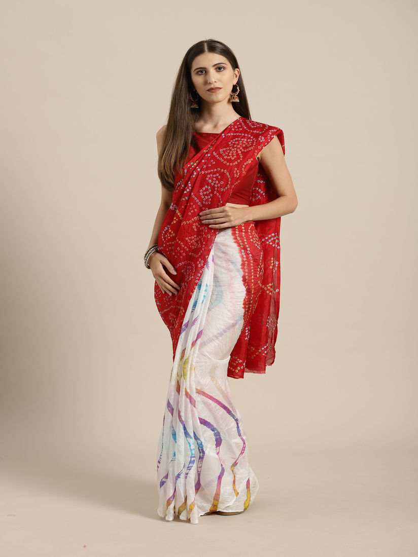 Geroo Jaipur Sarees Buy Geroo Jaipur Red Leheriya Bandhani Saree With Blouse Piece Online Nykaa Fashion Handarbeit, bandhani arbeit, weiße farbe, bandhani dupatta, rote bandhani, roter sacrf, handgefertigte arbeit, mädchen mode, rote seide dupatta, bandhej seiden dupatta, chiffon duaptta.