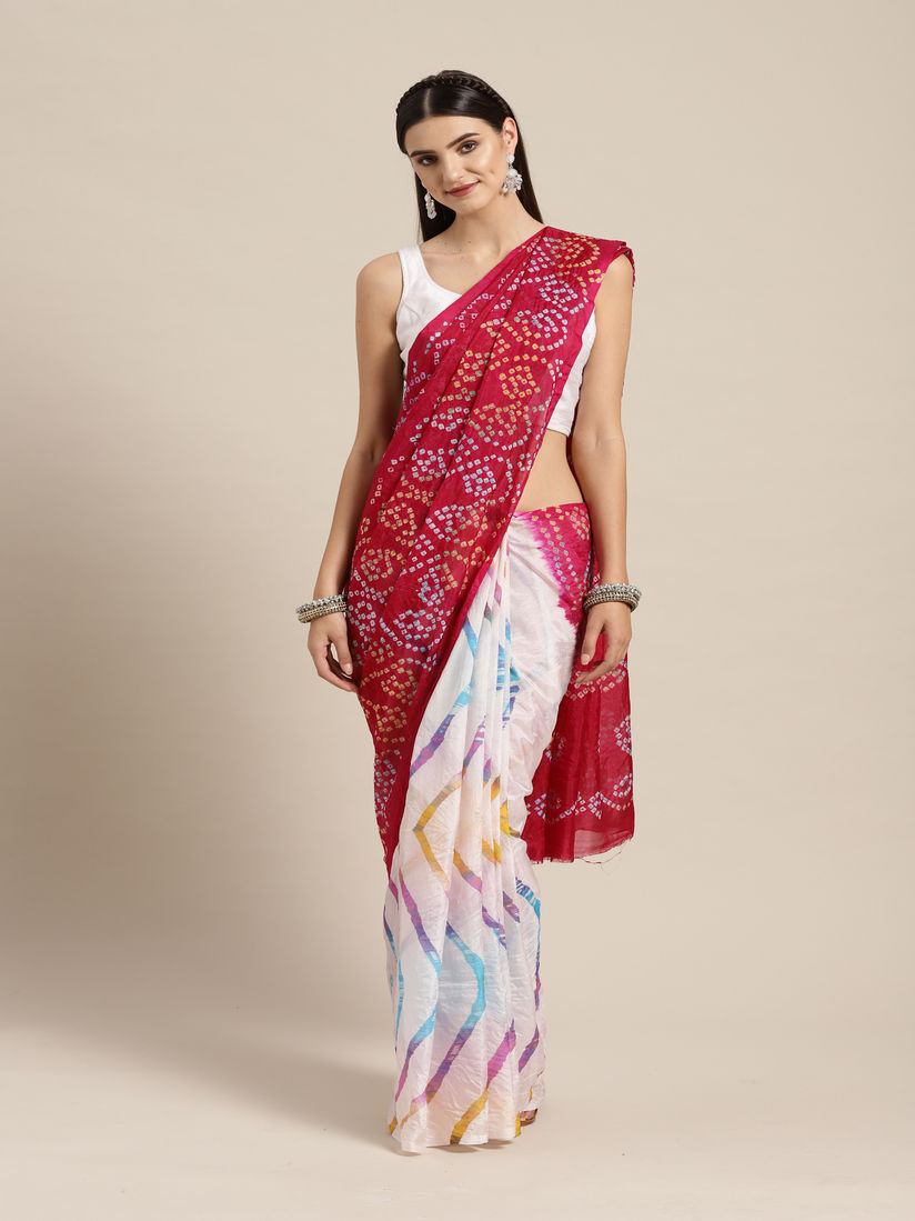 white bandhani saree