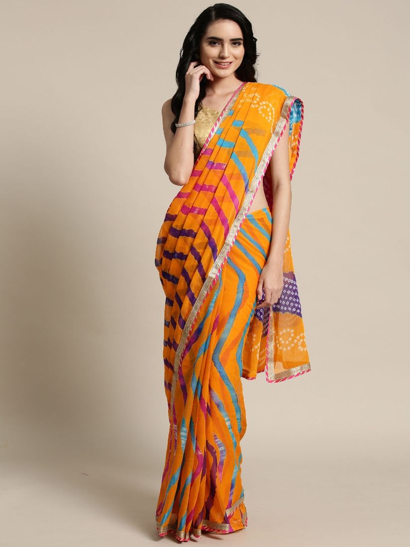 Geroo Jaipur Saree Buy Geroo Jaipur Orange Leheriya Bandhani Saree With Blouse Piece Online Nykaa Fashion Sneha ullal in traditional red dress with state.