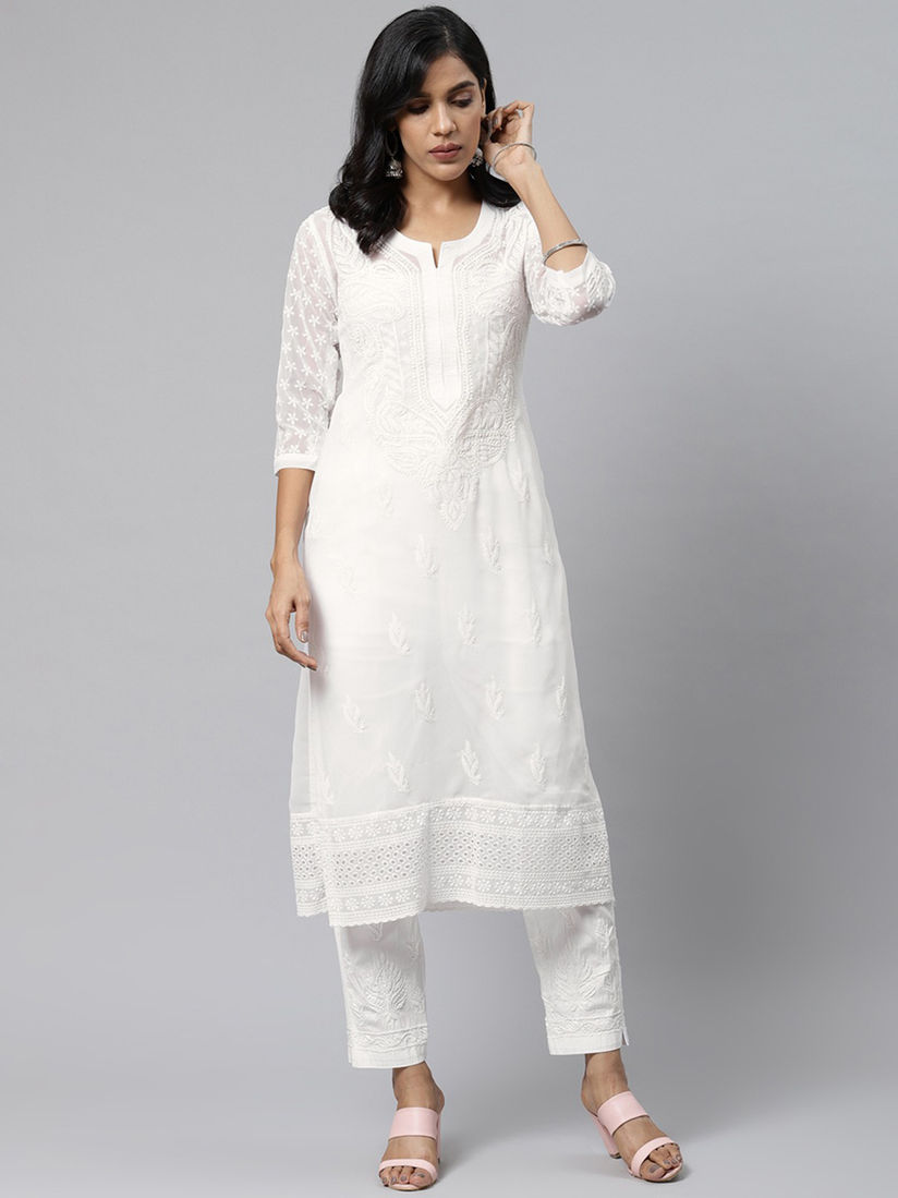 Chikankari white kurti with pant clearance