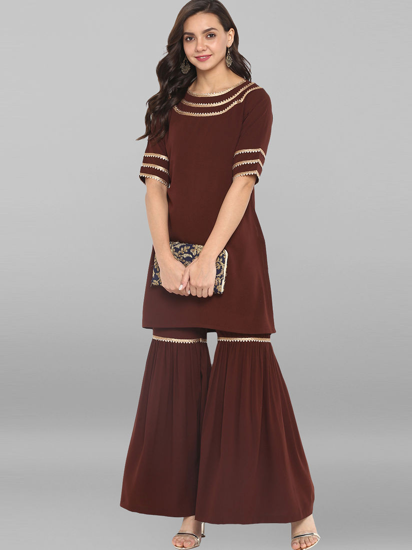 Janasya Salwar Suits and Sets : Buy Janasya Brown Poly Crepe Kurti With  Sharara (Set of 2) Online | Nykaa Fashion.