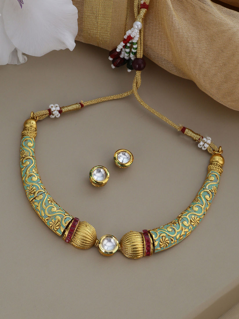 Shoshaa Jewellery Sets Buy Shoshaa Mint Green Gold Enamel Hasli Kundan Jewellery Sets Online Nykaa Fashion Black stones gold plated necklace south indian jewellery for girls. shoshaa mint green gold enamel hasli kundan jewellery sets