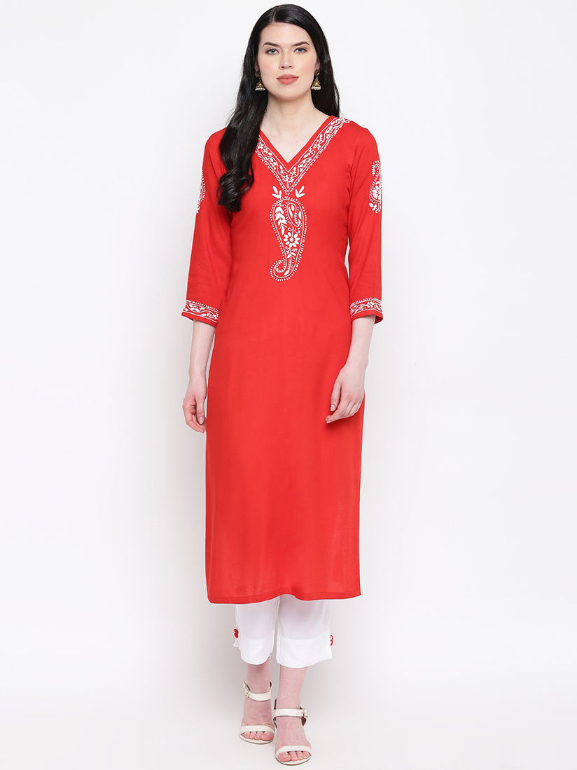 Red kurti with white pants Clearance